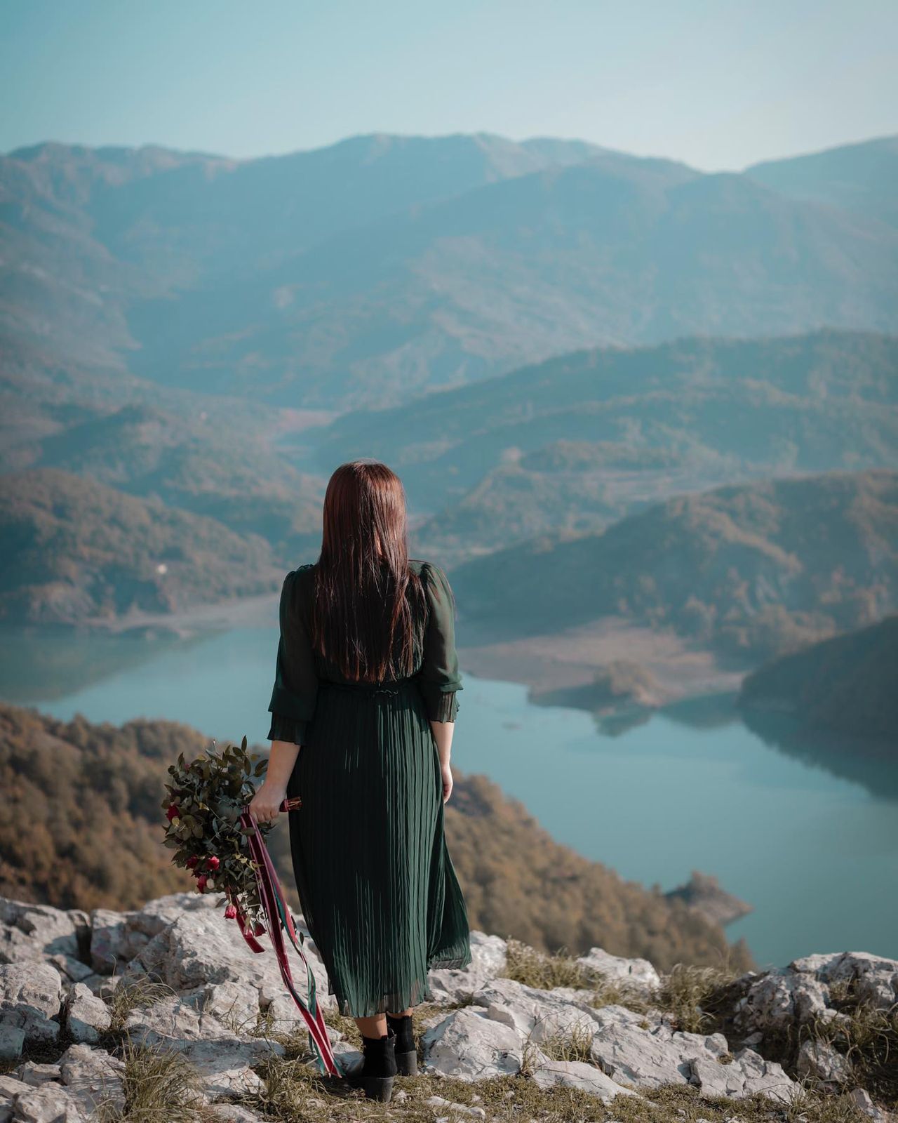 Adventure vacation photoshoot overlooking Bovilla Lake in Albania