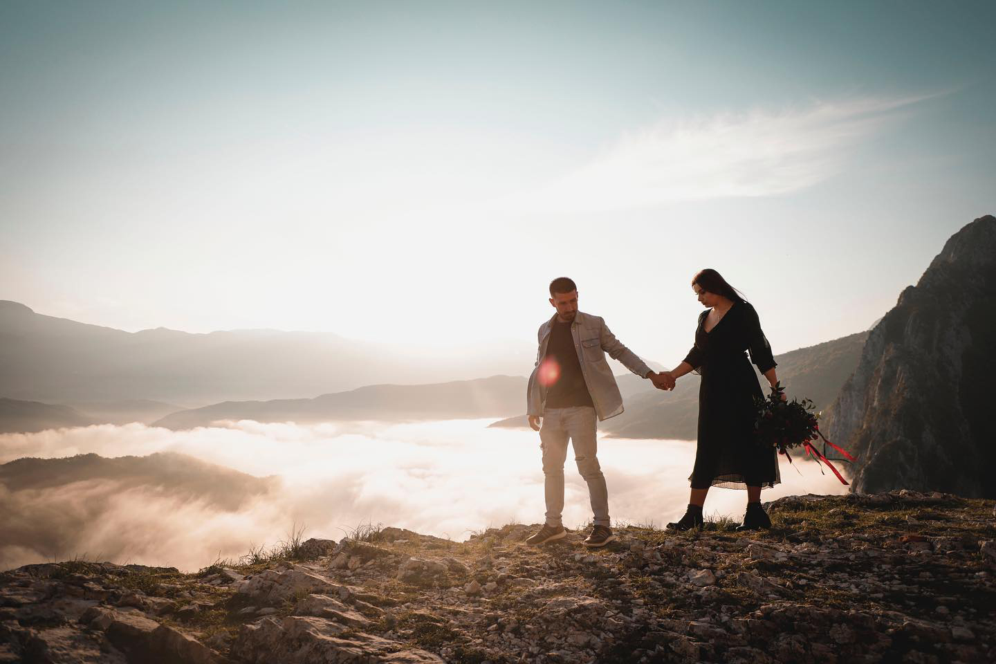 Cinematic travel portrait in the mountains above Bovilla Lake